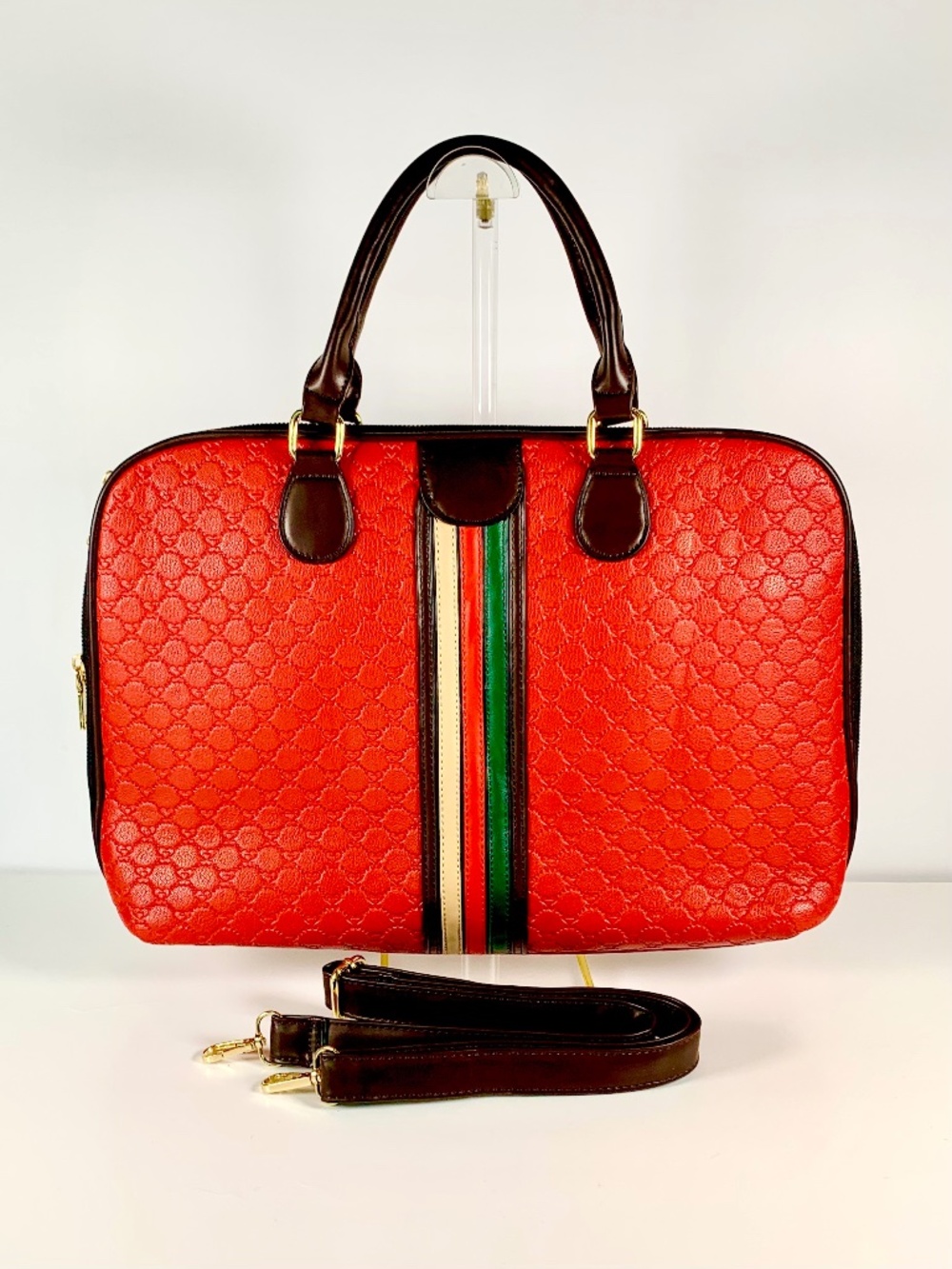 Laptop Crossbody Briefcase Bag Red Heart Quilted Green Cream Stripe Leather